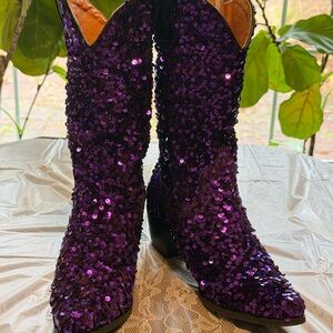 Cowgirl Boots Mid Calf Sequins Sparkly Purple Size 9 KISSASA